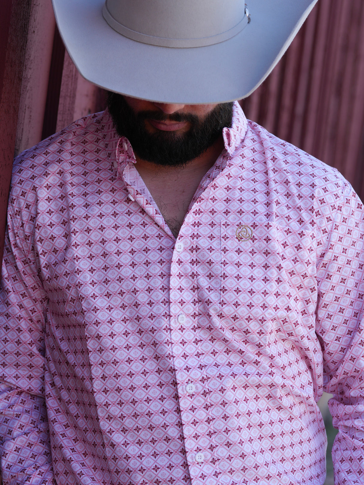 Men's Slim Pink Geometric Button Up 123